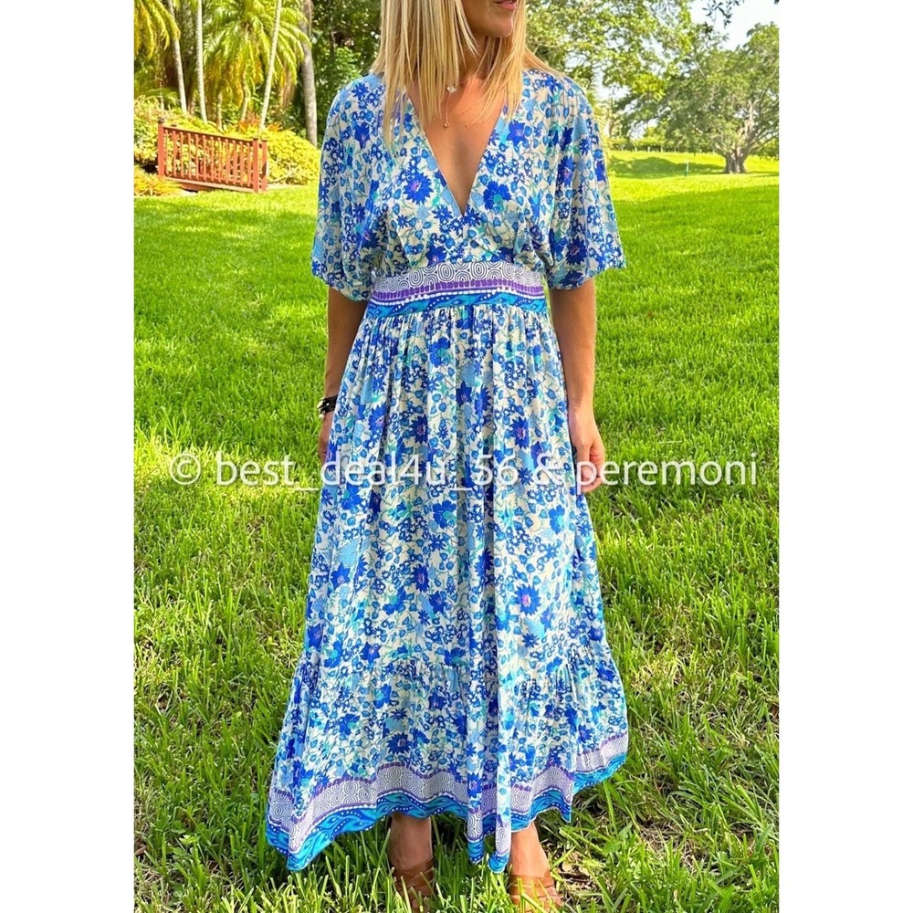 Zara Floral‎ Maxi Dress Women's S Blue White V-Neck Empire Waist Boho Resort